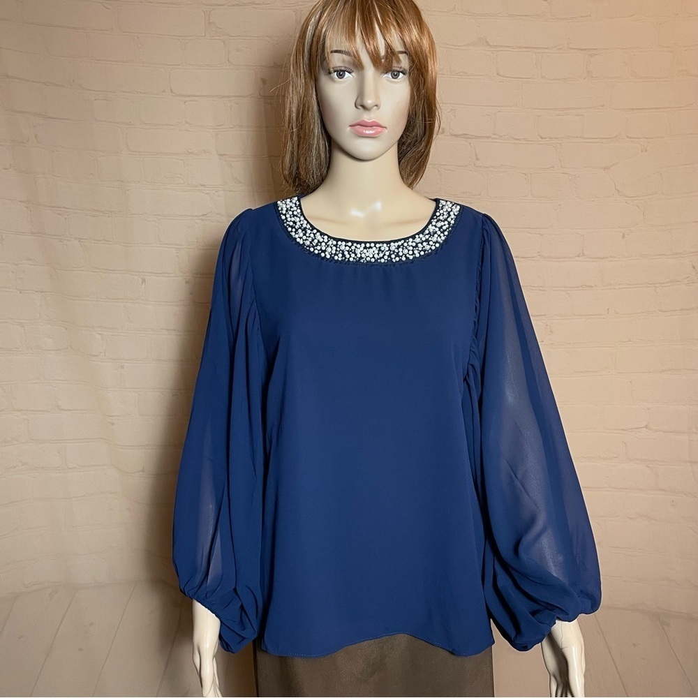 NWT New Vince Camuto Blue Chiffon Balloon Sleeve Beaded Blouse Size M